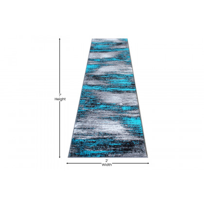 BLNK Rylan Collection Abstract Olefin Area Rug with Jute Backing - Turquoise, 2'W x 7'L