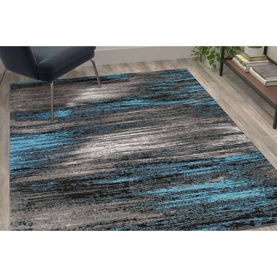 BLNK Rylan Collection Olefin Scraped Design Area Rug with Jute Backing - Blue, 5'W x 7'L