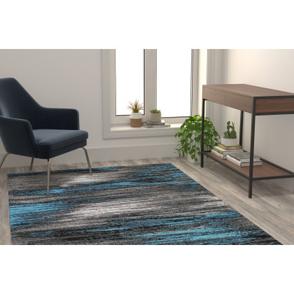 BLNK Rylan Collection Olefin Scraped Design Area Rug with Jute Backing - Blue, 5'W x 7'L