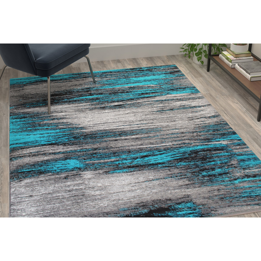 BLNK Rylan Collection Olefin Scraped Design Area Rug with Jute Backing - Turquoise, 5'W x 7'L