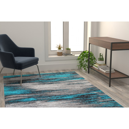 BLNK Rylan Collection Olefin Scraped Design Area Rug with Jute Backing - Turquoise, 5'W x 7'L