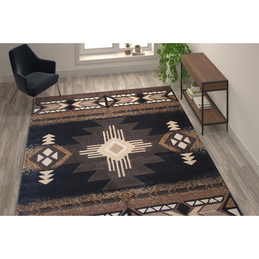 BLNK Mohave Collection Southwestern Style Olefin Traditional Area Rug with Jute Backing - Black, 8'W x 10'L