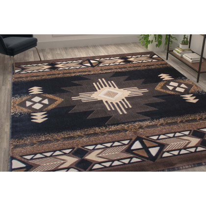 BLNK Mohave Collection Southwestern Style Olefin Traditional Area Rug with Jute Backing - Black, 8'W x 10'L