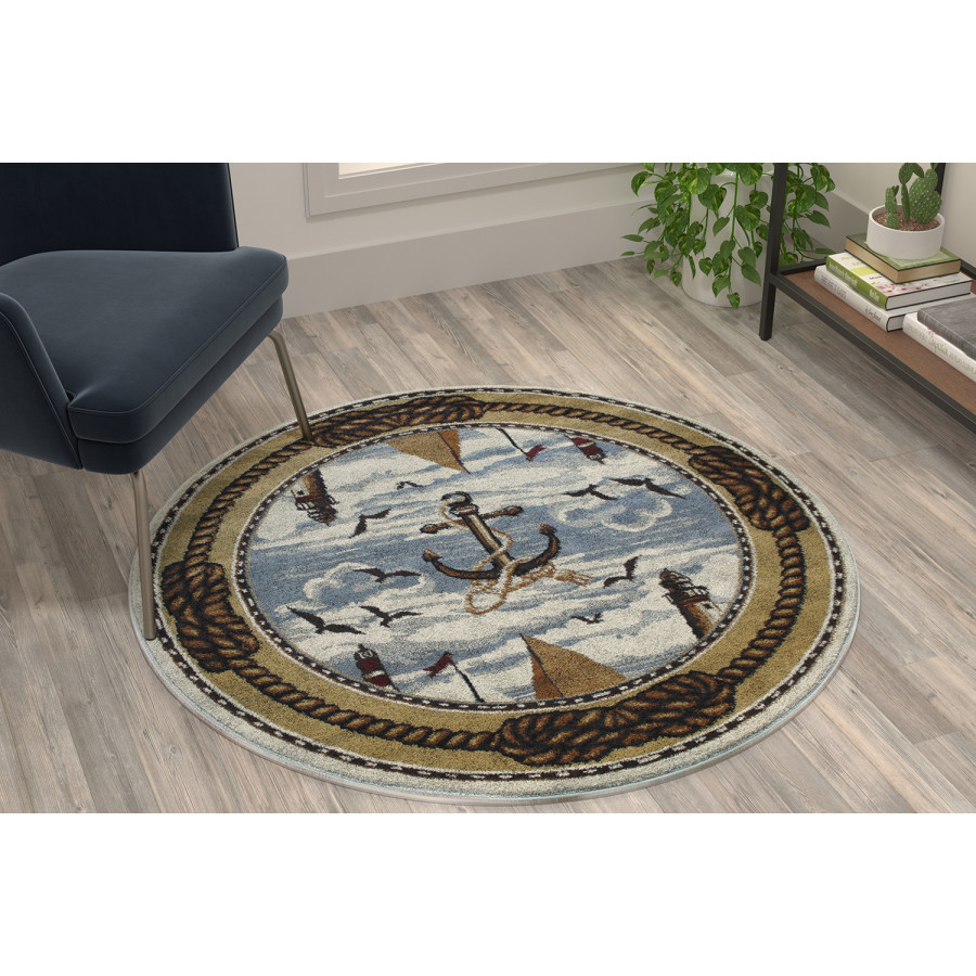 BLNK - Edmund Collection Round Nautical Themed Area Rug with Jute Backing