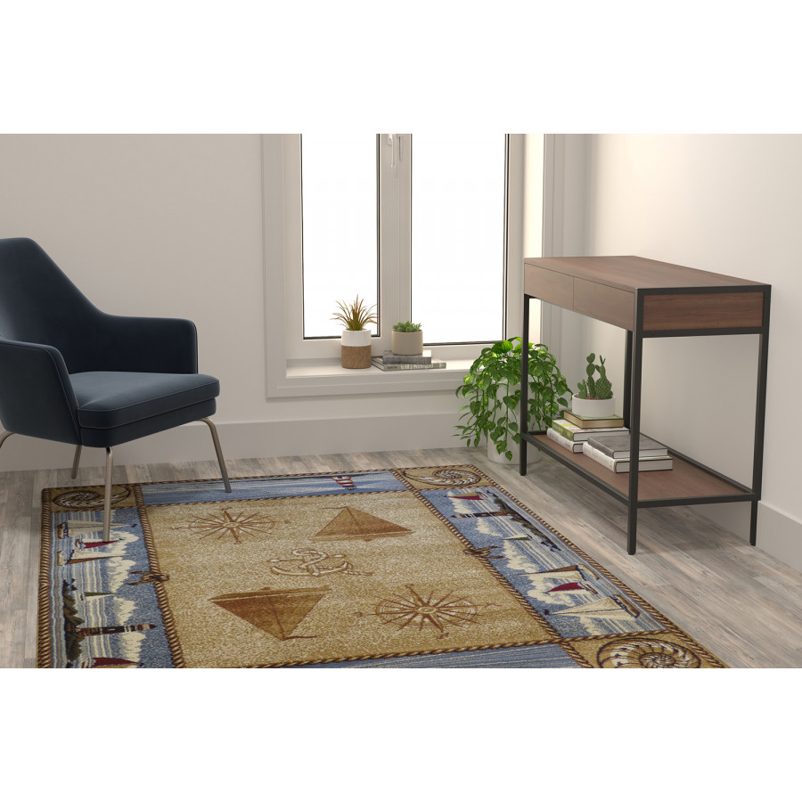 BLNK Sovalye Collection Nautical Themed Area Rug with Jute Backing - Beige, 5'W x 7'L