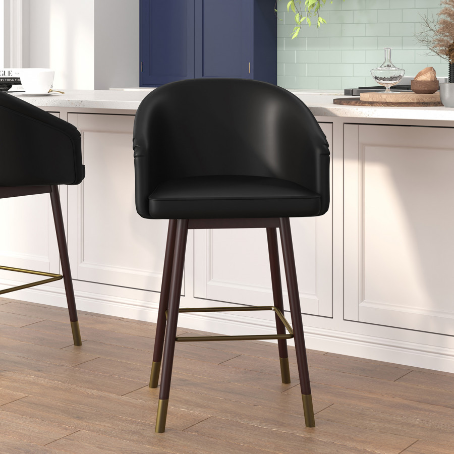 BLNK Margo Commercial LeatherSoft Mid-Back Modern Counter Stool with Walnut Finish Beechwood Legs and Contoured Back - Black