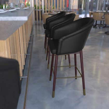 BLNK Margo Commercial LeatherSoft Mid-Back Modern Counter Stool with Walnut Finish Beechwood Legs and Contoured Back - Black