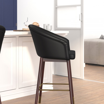 BLNK Margo Commercial LeatherSoft Mid-Back Modern Counter Stool with Walnut Finish Beechwood Legs and Contoured Back - Black