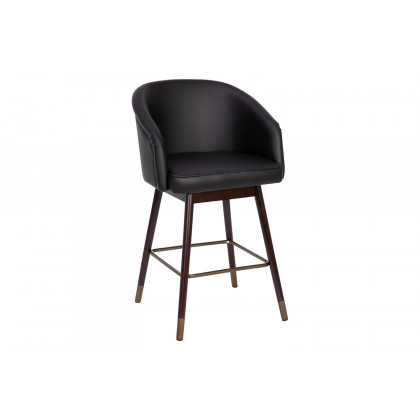 BLNK Margo Commercial LeatherSoft Mid-Back Modern Counter Stool with Walnut Finish Beechwood Legs and Contoured Back - Black