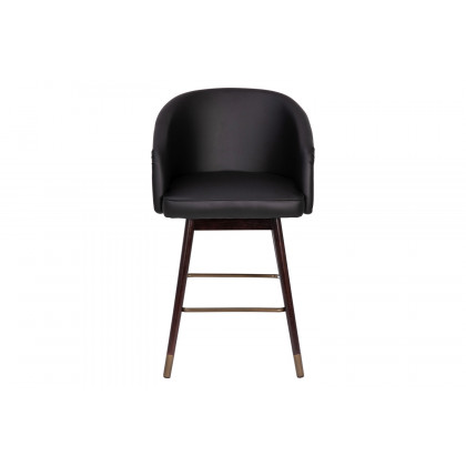 BLNK Margo Commercial LeatherSoft Mid-Back Modern Counter Stool with Walnut Finish Beechwood Legs and Contoured Back - Black