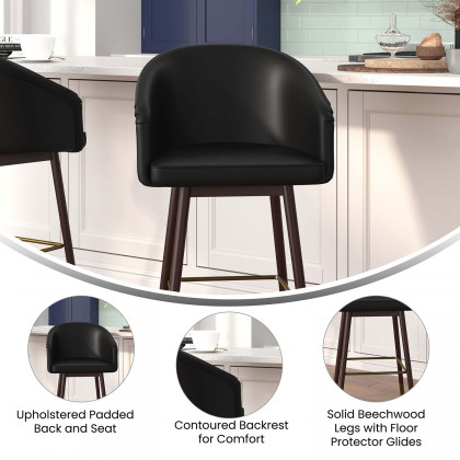 BLNK Margo Commercial LeatherSoft Mid-Back Modern Counter Stool with Walnut Finish Beechwood Legs and Contoured Back - Black