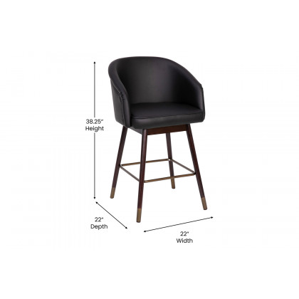 BLNK Margo Commercial LeatherSoft Mid-Back Modern Counter Stool with Walnut Finish Beechwood Legs and Contoured Back - Black