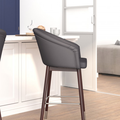 BLNK Margo Commercial LeatherSoft Mid-Back Modern Counter Stool with Walnut Finish Beechwood Legs and Contoured Back - Gray