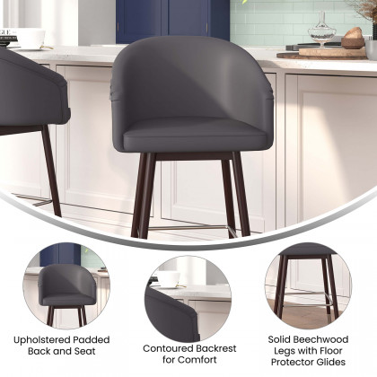 BLNK Margo Commercial LeatherSoft Mid-Back Modern Counter Stool with Walnut Finish Beechwood Legs and Contoured Back - Gray