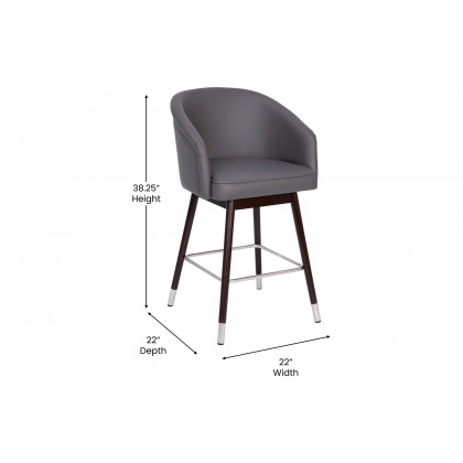 BLNK Margo Commercial LeatherSoft Mid-Back Modern Counter Stool with Walnut Finish Beechwood Legs and Contoured Back - Gray