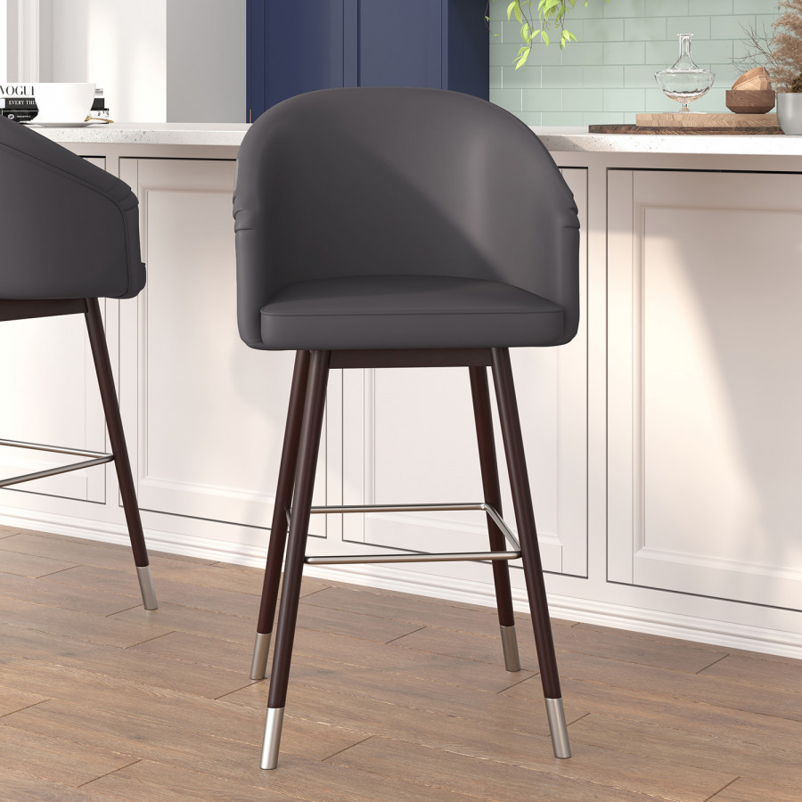 BLNK - Margo Commercial LeatherSoft Mid-Back Modern Bar Stool with Walnut Finish Beechwood Legs and Curved Back with Silver Accents
