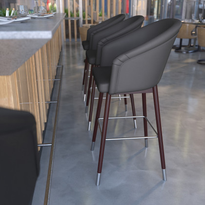 BLNK - Margo Commercial LeatherSoft Mid-Back Modern Bar Stool with Walnut Finish Beechwood Legs and Curved Back with Silver Accents