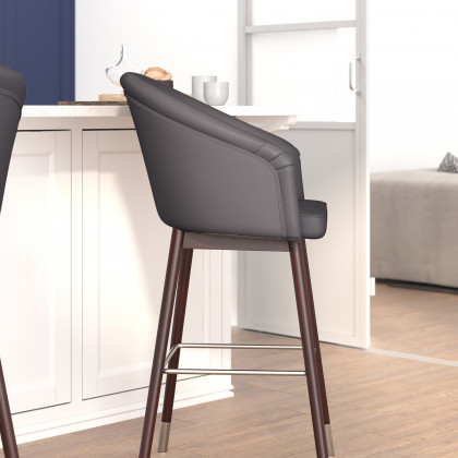 BLNK - Margo Commercial LeatherSoft Mid-Back Modern Bar Stool with Walnut Finish Beechwood Legs and Curved Back with Silver Accents