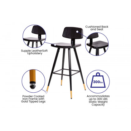 BLNK Kora Commercial LeatherSoft Low Back Bar Stools Set of 2 - Black