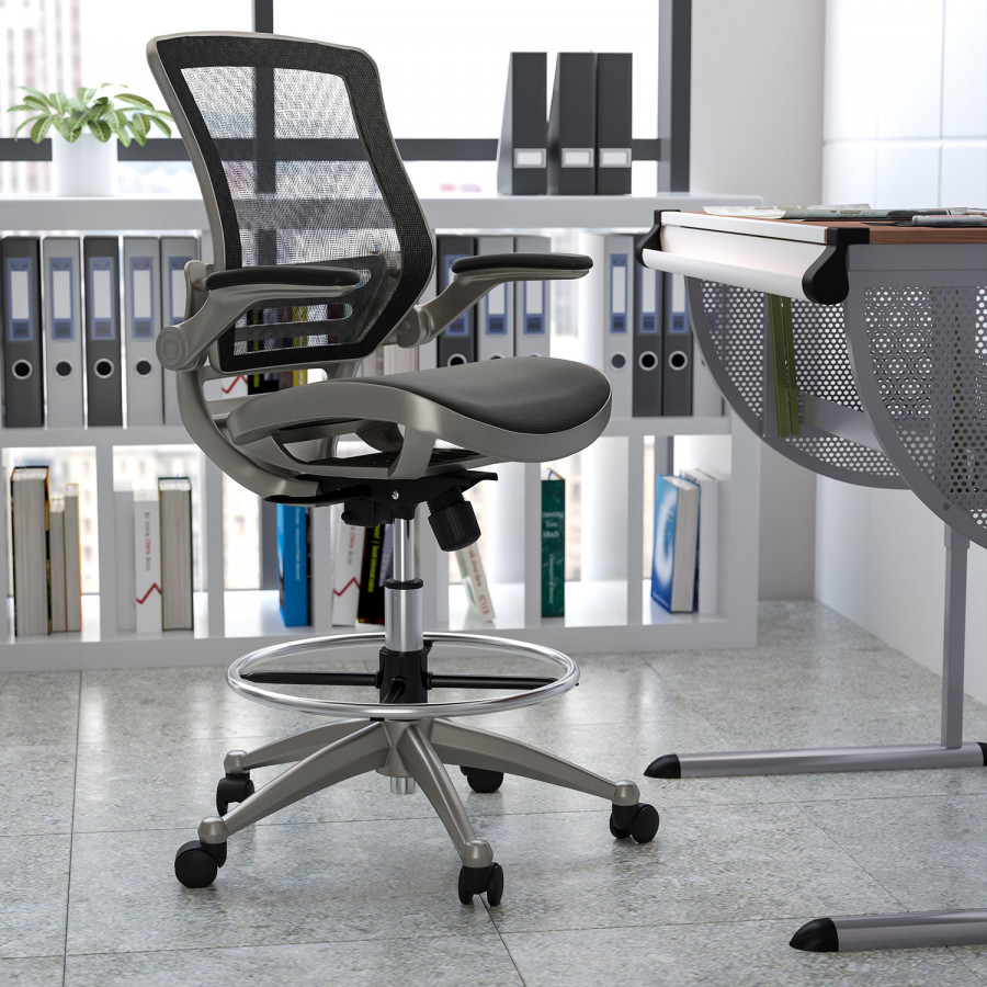 BLNK Waylon Mid-Back Mesh Drafting Chair with Flip-Up Arms - Graphite Silver Frame