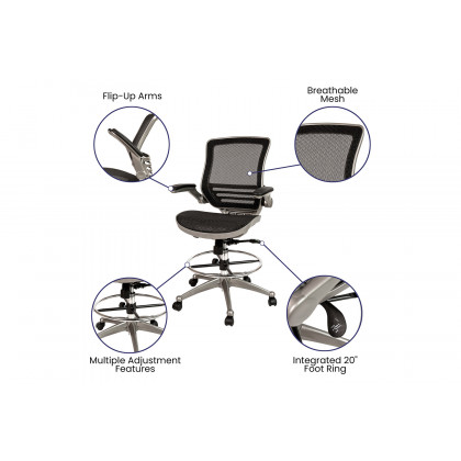 BLNK Waylon Mid-Back Mesh Drafting Chair with Flip-Up Arms - Graphite Silver Frame