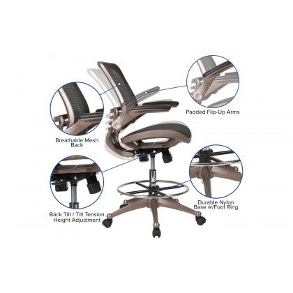 BLNK Waylon Mid-Back Mesh Drafting Chair with Flip-Up Arms - Melrose Gold Frame