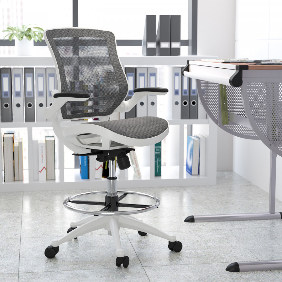 BLNK Waylon Mid-Back Mesh Drafting Chair with Flip-Up Arms - White Frame