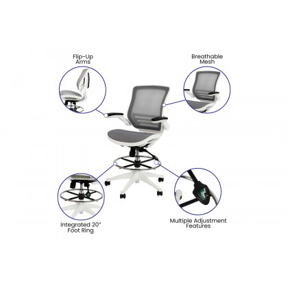 BLNK Waylon Mid-Back Mesh Drafting Chair with Flip-Up Arms - White Frame