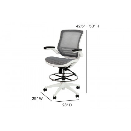 BLNK Waylon Mid-Back Mesh Drafting Chair with Flip-Up Arms - White Frame