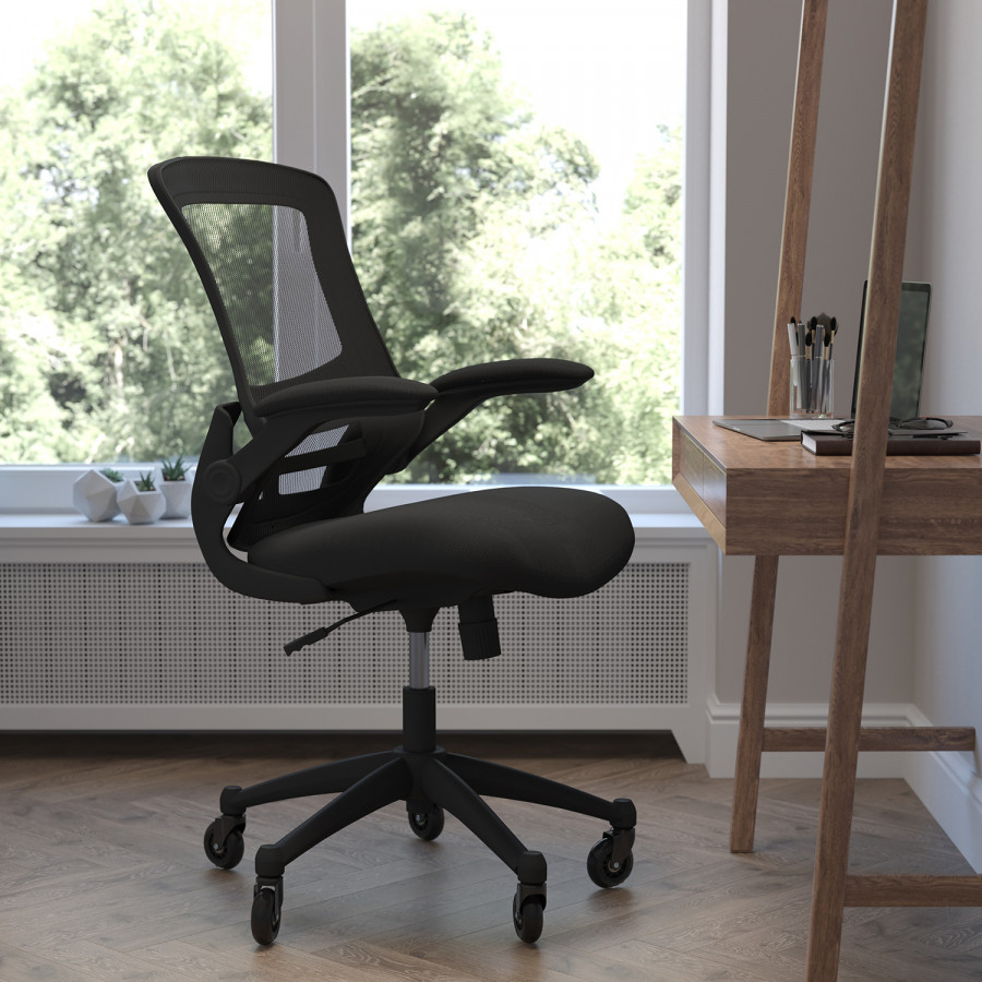 BLNK Kelista Mid-Back Mesh Swivel Ergonomic Task Office Chair with Flip-Up Arms and Transparent Roller Wheels - Black