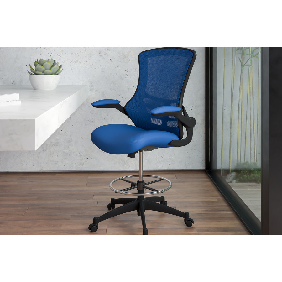 BLNK Kelista Mid-Back Mesh Ergonomic Drafting Chair with Adjustable Foot Ring and Flip-Up Arms - Blue