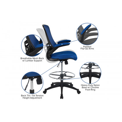 BLNK Kelista Mid-Back Mesh Ergonomic Drafting Chair with Adjustable Foot Ring and Flip-Up Arms - Blue