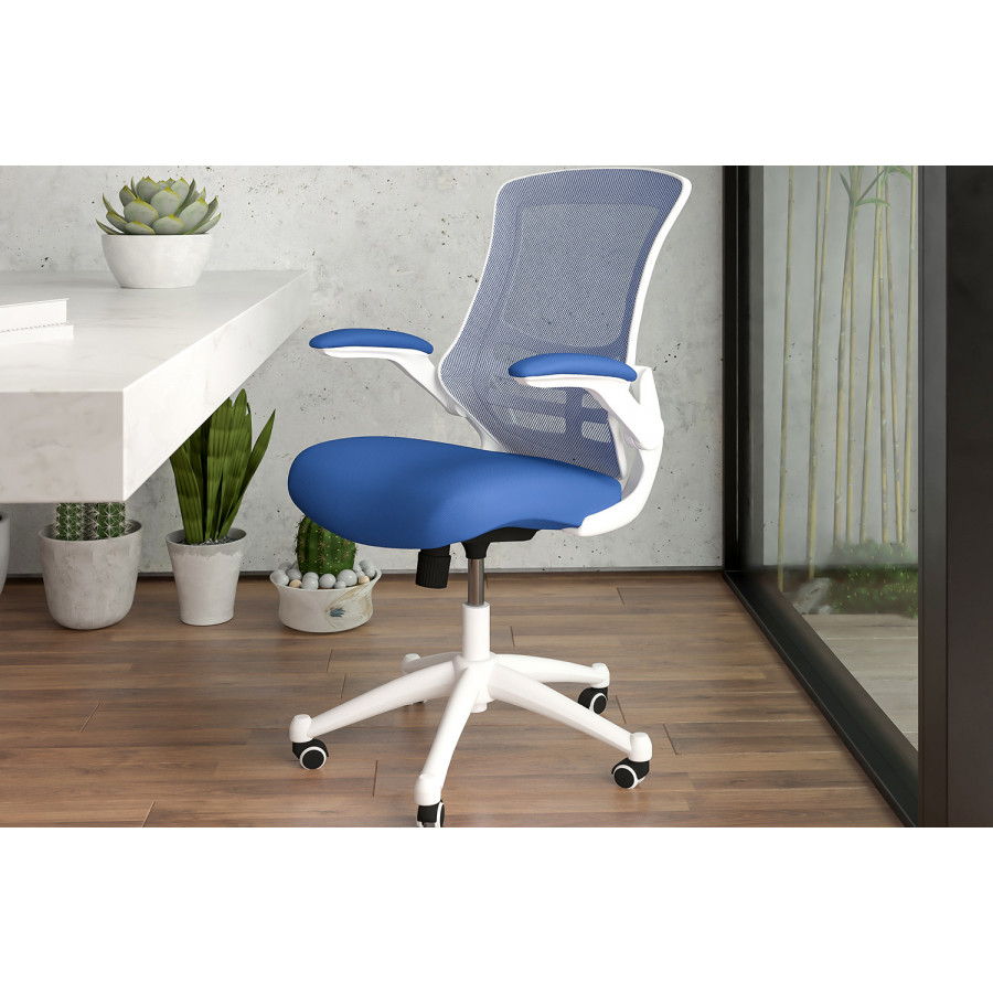 BLNK Kelista Mid-Back Mesh Swivel Ergonomic Task Office Chair with White Frame and Flip-Up Arms - Blue