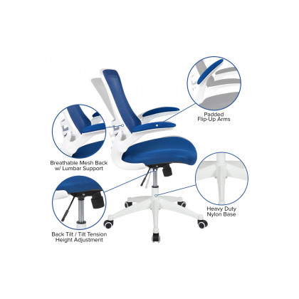 BLNK Kelista Mid-Back Mesh Swivel Ergonomic Task Office Chair with White Frame and Flip-Up Arms - Blue