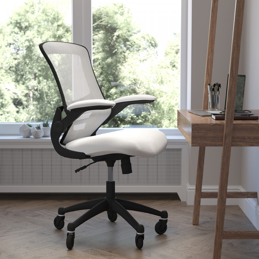 BLNK Kelista Mid-Back Mesh Swivel Ergonomic Task Office Chair with Flip-Up Arms and Transparent Roller Wheels - White