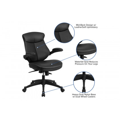 BLNK - Kale LeatherSoft Mid-Back Executive Swivel Ergonomic Office Chair with Back Angle Adjustment and Flip-Up Arms