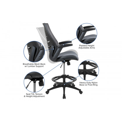 BLNK Kale High-Back Mesh Spine-Back Ergonomic Drafting Chair with Adjustable Foot Ring and Adjustable Flip-Up Arms - Dark Gray