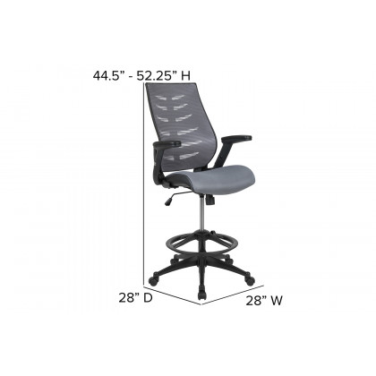 BLNK Kale High-Back Mesh Spine-Back Ergonomic Drafting Chair with Adjustable Foot Ring and Adjustable Flip-Up Arms - Dark Gray