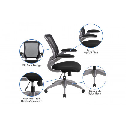 BLNK Kale Mid-Back Mesh Swivel Ergonomic Task Office Chair with Gray Frame and Flip-Up Arms - Black