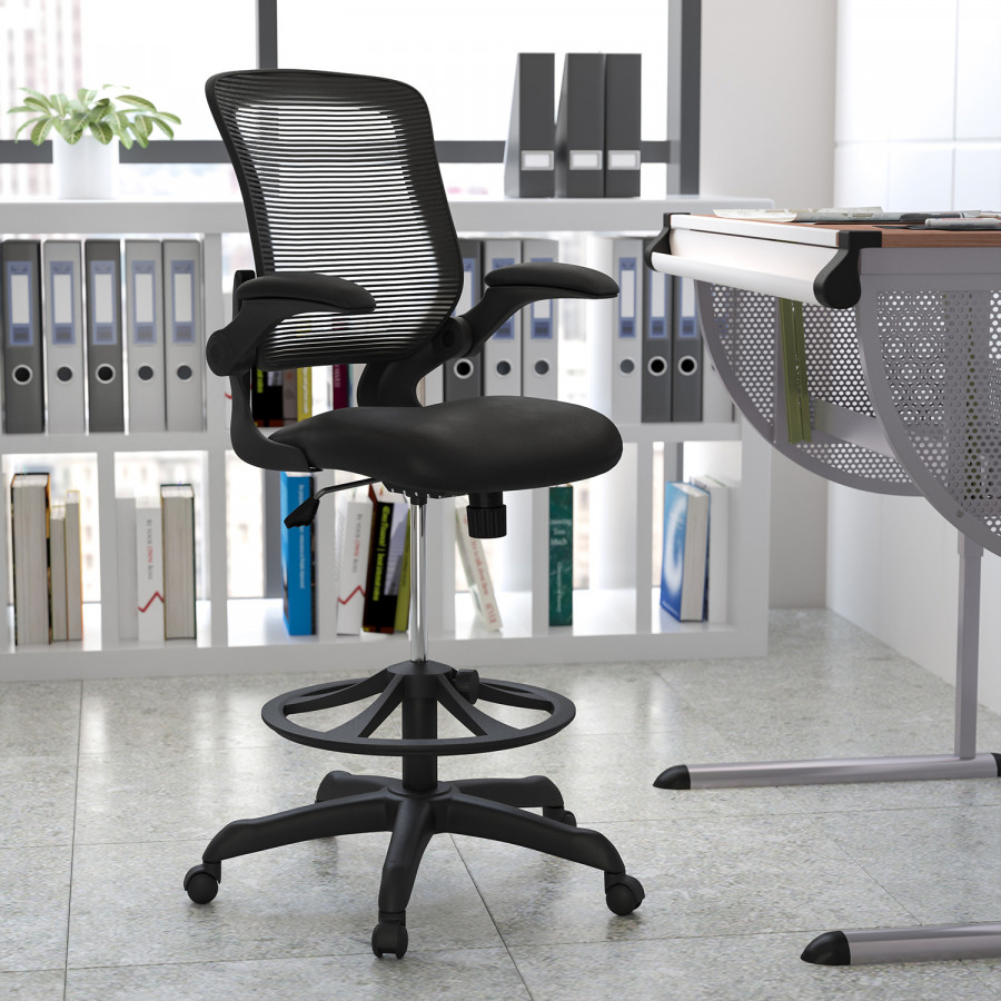 BLNK Kale Mid-Back Mesh Ergonomic Drafting Chair with Adjustable Foot Ring and Flip-Up Arms - Black