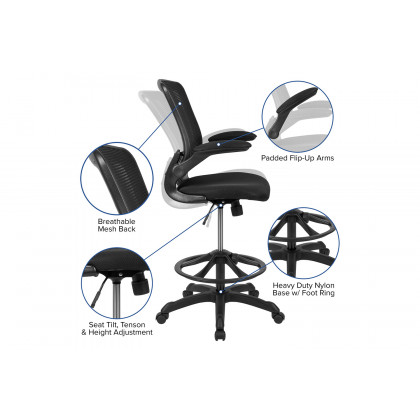 BLNK Kale Mid-Back Mesh Ergonomic Drafting Chair with Adjustable Foot Ring and Flip-Up Arms - Black