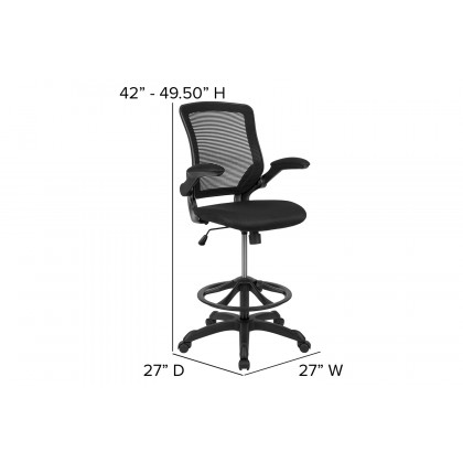 BLNK Kale Mid-Back Mesh Ergonomic Drafting Chair with Adjustable Foot Ring and Flip-Up Arms - Black