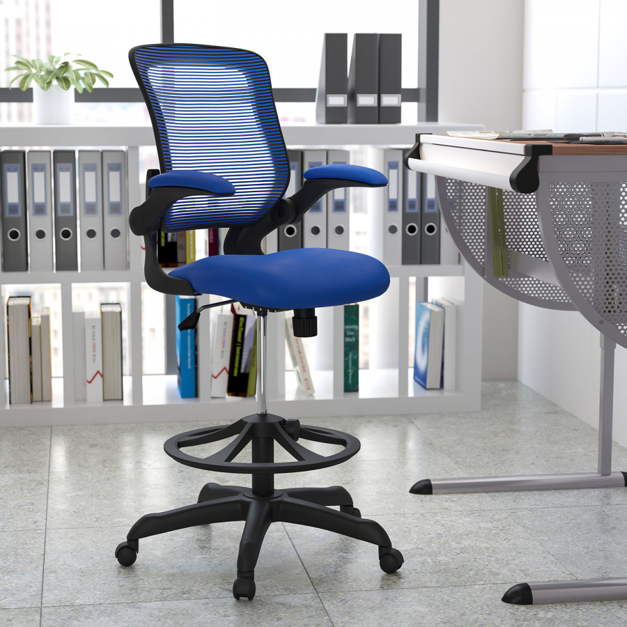 BLNK Kale Mid-Back Mesh Ergonomic Drafting Chair with Adjustable Foot Ring and Flip-Up Arms - Blue