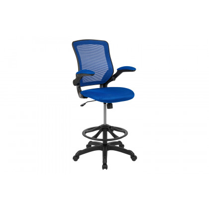 BLNK Kale Mid-Back Mesh Ergonomic Drafting Chair with Adjustable Foot Ring and Flip-Up Arms - Blue