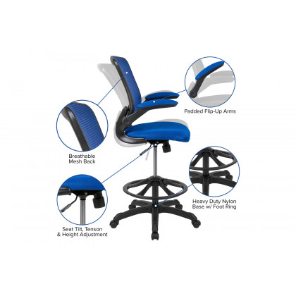 BLNK Kale Mid-Back Mesh Ergonomic Drafting Chair with Adjustable Foot Ring and Flip-Up Arms - Blue