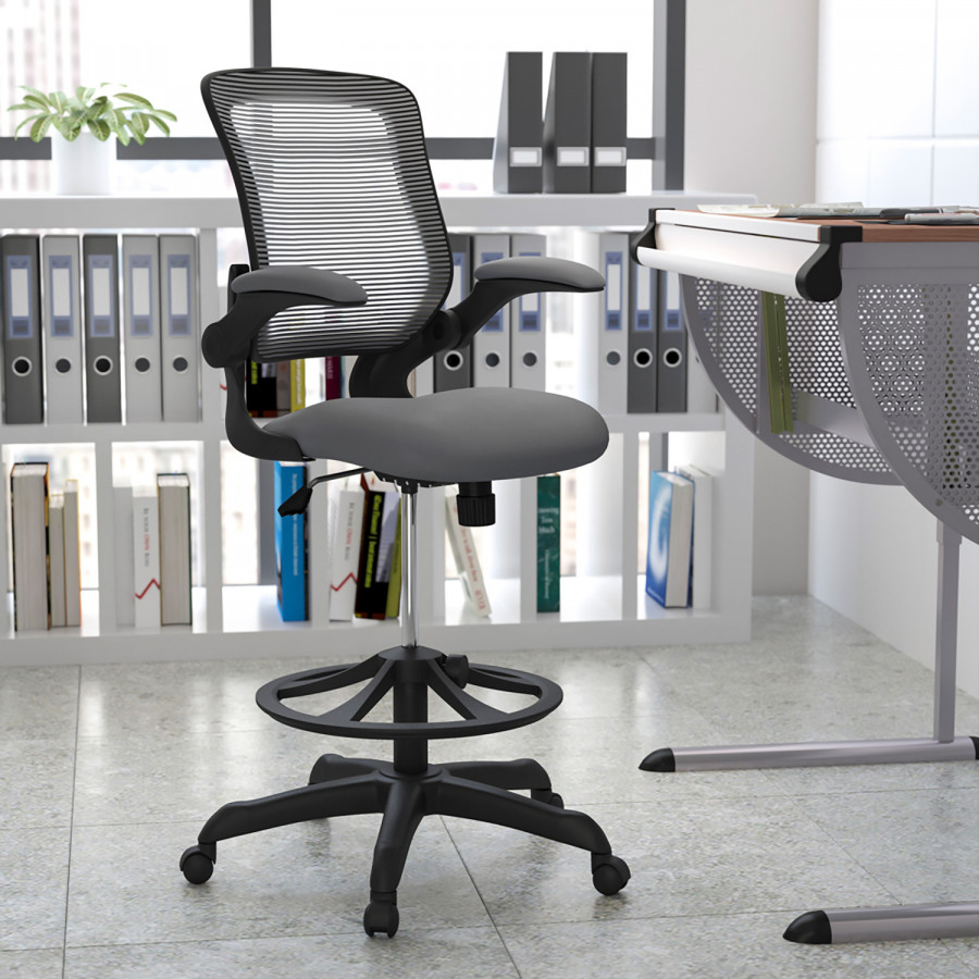 BLNK Kale Mid-Back Mesh Ergonomic Drafting Chair with Adjustable Foot Ring and Flip-Up Arms - Dark Gray