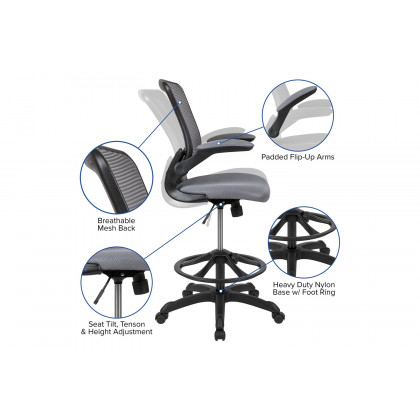 BLNK Kale Mid-Back Mesh Ergonomic Drafting Chair with Adjustable Foot Ring and Flip-Up Arms - Dark Gray
