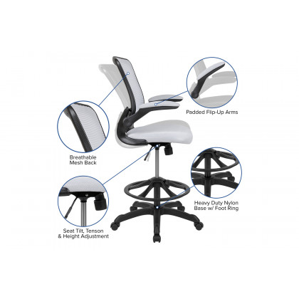 BLNK Kale Mid-Back Mesh Ergonomic Drafting Chair with Adjustable Foot Ring and Flip-Up Arms - White