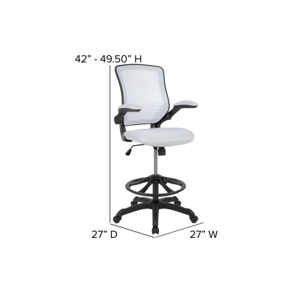 BLNK Kale Mid-Back Mesh Ergonomic Drafting Chair with Adjustable Foot Ring and Flip-Up Arms - White
