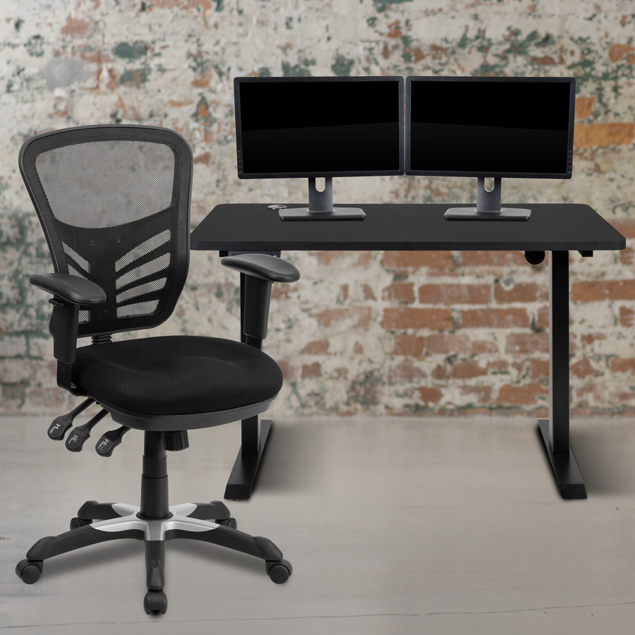 BLNK - Park Wide Black Electric Height Adjustable Standing Desk with Black Mesh Multifunction Executive Swivel Ergonomic Office Chair